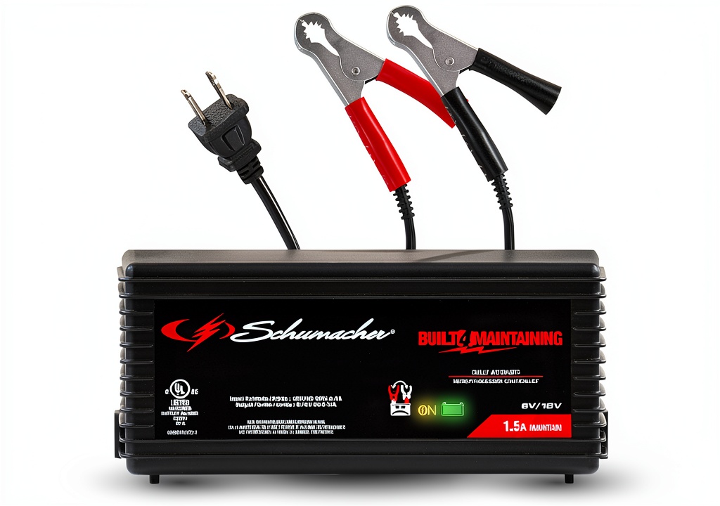 Schumacher SC1355 charger connected to a car battery in a garage