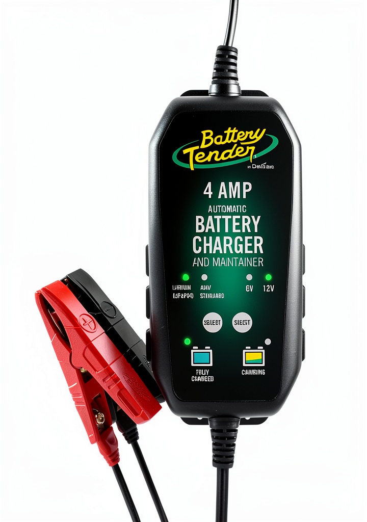 Battery Tender charger connected to a car battery in a garage