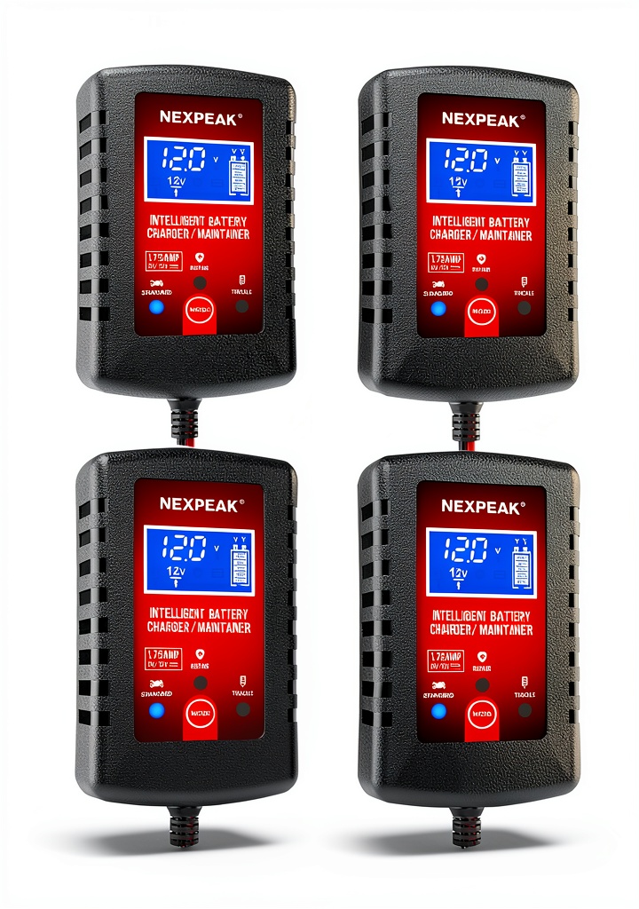 NEXPEAK charger connected to a car battery in a garage